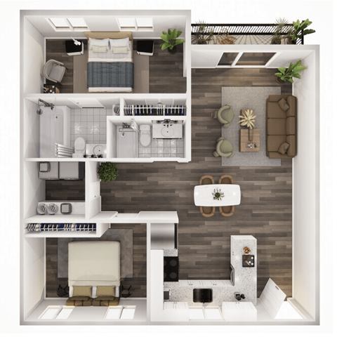 Floor plan for 2 beds, 2 baths, 1000 sqft